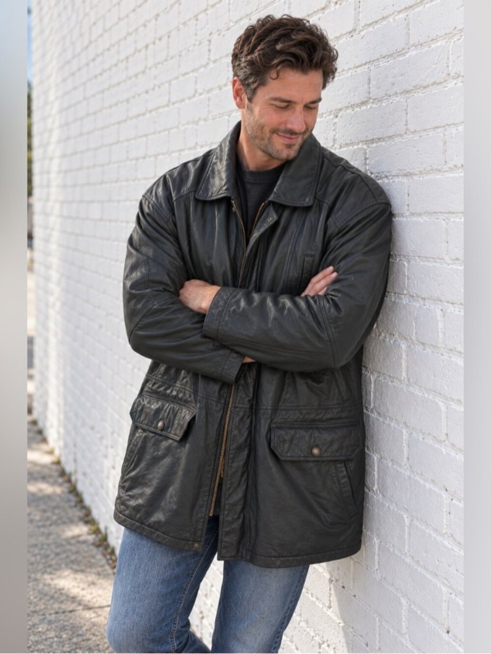 Vintage Black Leather fall Winter Jacket Coat Mens size XL 1990s grunge slouchy